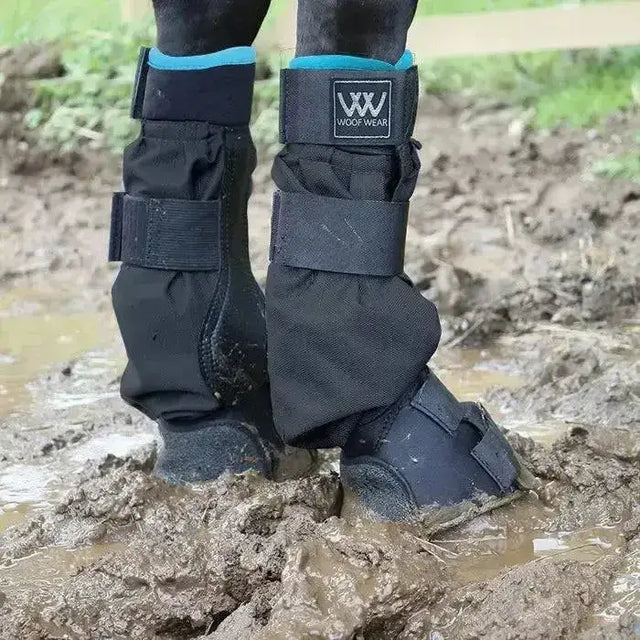 Black woof wear mud fever turnout boots with teal trim and adjustable straps for horse leg protection