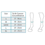 Size chart for woof wear mud fever turnout boots showing leg gauntlet measurements in cm from s to xl sizes