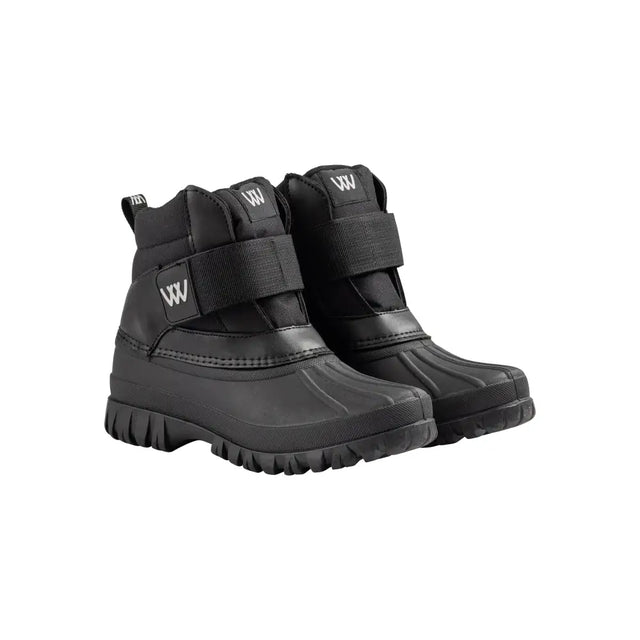 Black waterproof woof wear new short yard boot with velcro straps durable tpr galosh and chunky tread sole