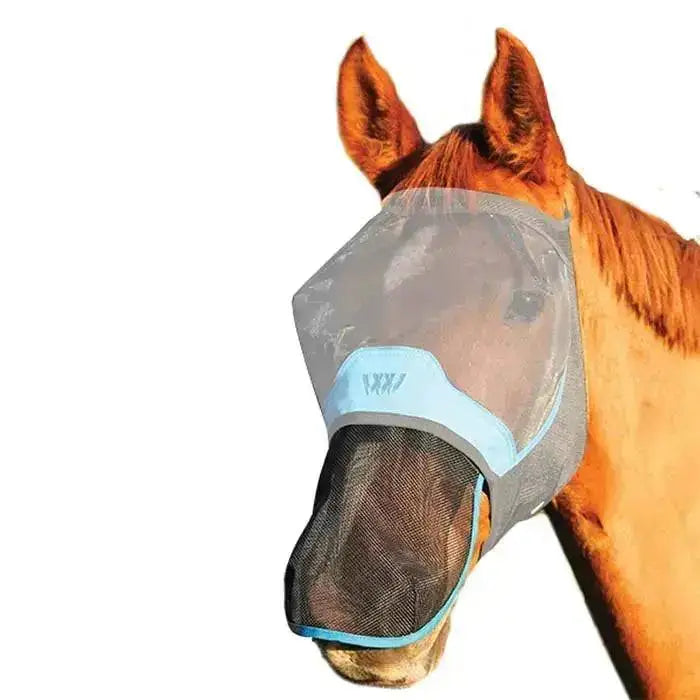 Light blue and gray mesh woof wear nose protector with a soft elastic band for horses using woof wears uv fly protection