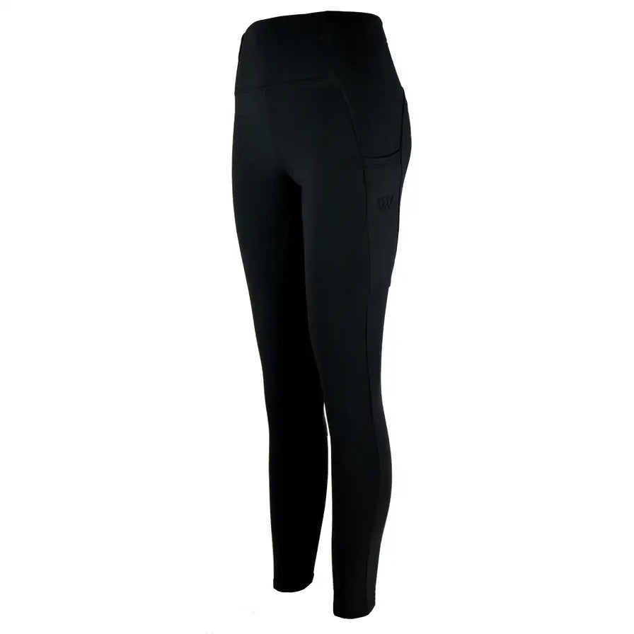 Black woof wear original riding tights with silicone micro-grip, 4-way stretch, high waist, and side pocket