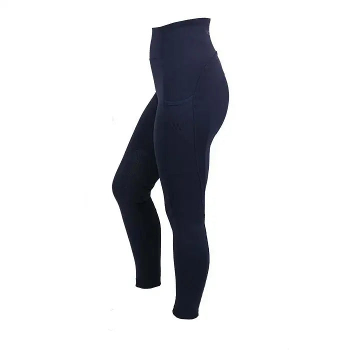 Navy blue woof wear original riding tights with 4-way stretch fabric, high waist, knee patch, and subtle side pockets