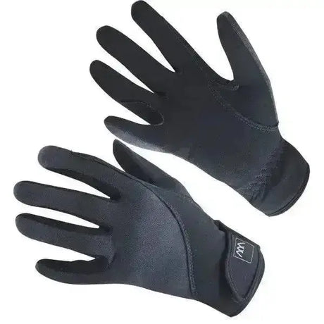 Black neoprene woof wear precision thermal gloves with snug fit reinforced stitching and logo patch on wrist back view