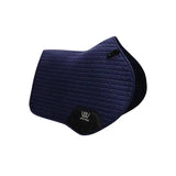 Navy blue quilted woof wear pro close contact saddle pad with black logo patch and anatomic high wither fit