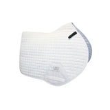 White quilted woof wear pro close contact saddle pad with subtle gray trim and black strap detail for anatomic high wither