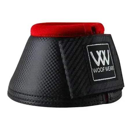 Black carbon fiber woof wear pro overreach boot with red padded interior and no-rub protection woof wear logo patch