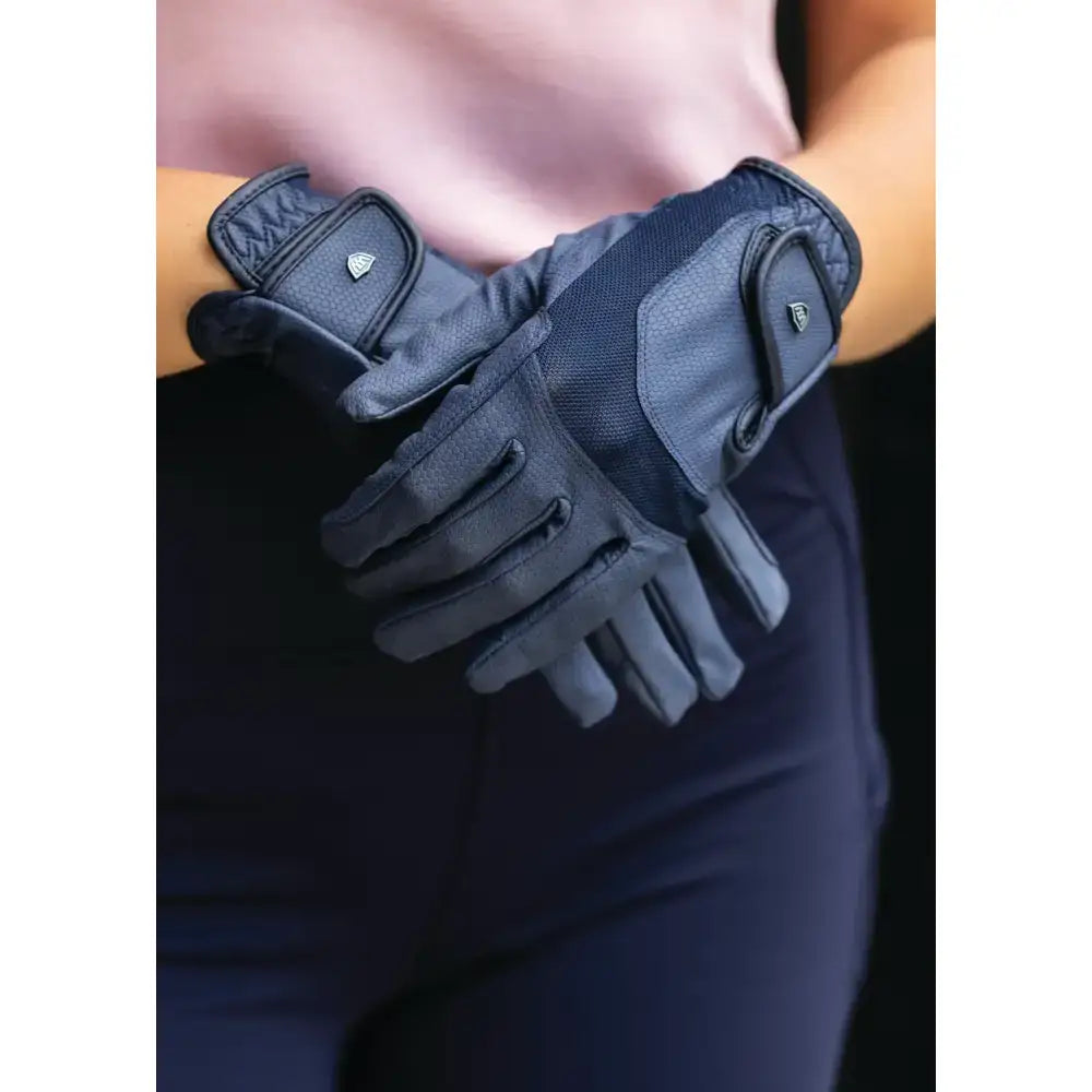 Black woof wear reintex mesh riding glove showing back with quilted accents and reintex reptile palm panels