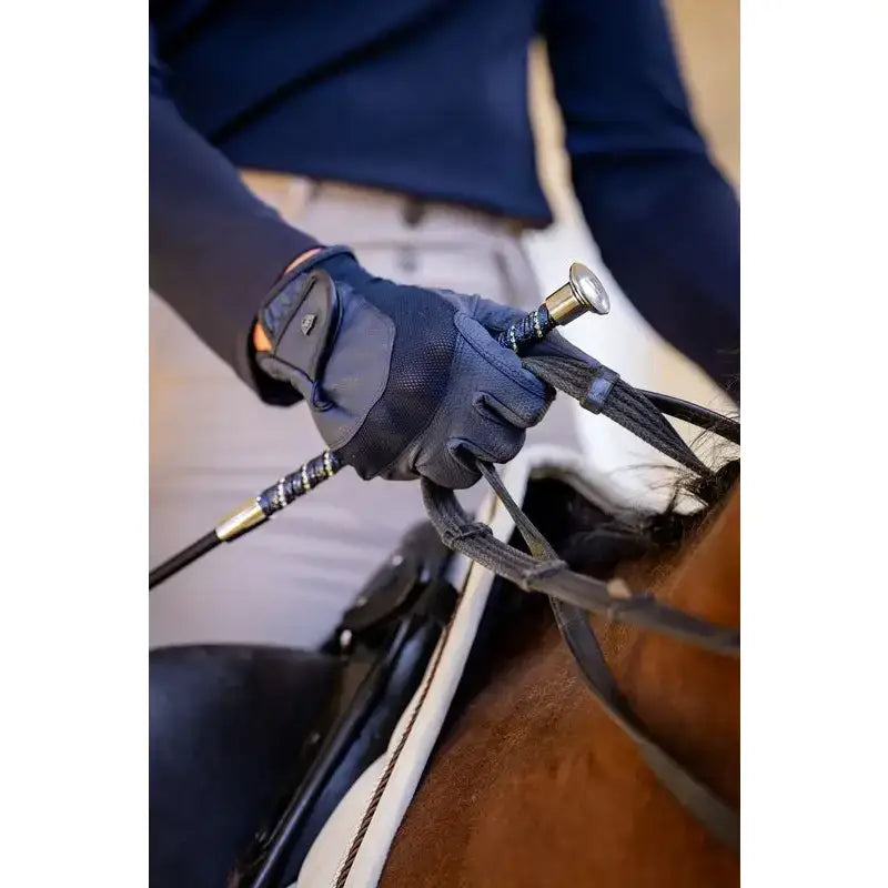 Navy blue woof wear reintex mesh riding glove with reintex reptile palm gripping horse reins for extra grip