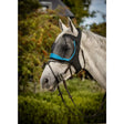 Black and turquoise woof wear ride fly mask protects horse with spacer fabric and mesh netting for clear vision