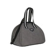 Gray textured woof wear riding hat bag tote with black and white striped handles for easy carrying