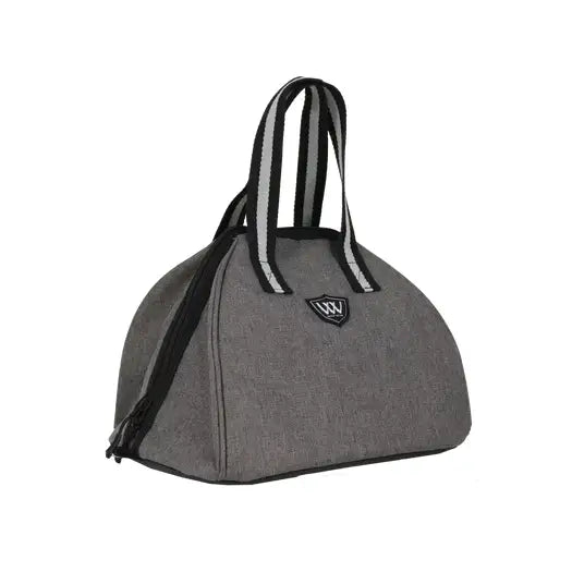 Gray textured woof wear riding hat bag tote with black and white striped handles for easy carrying