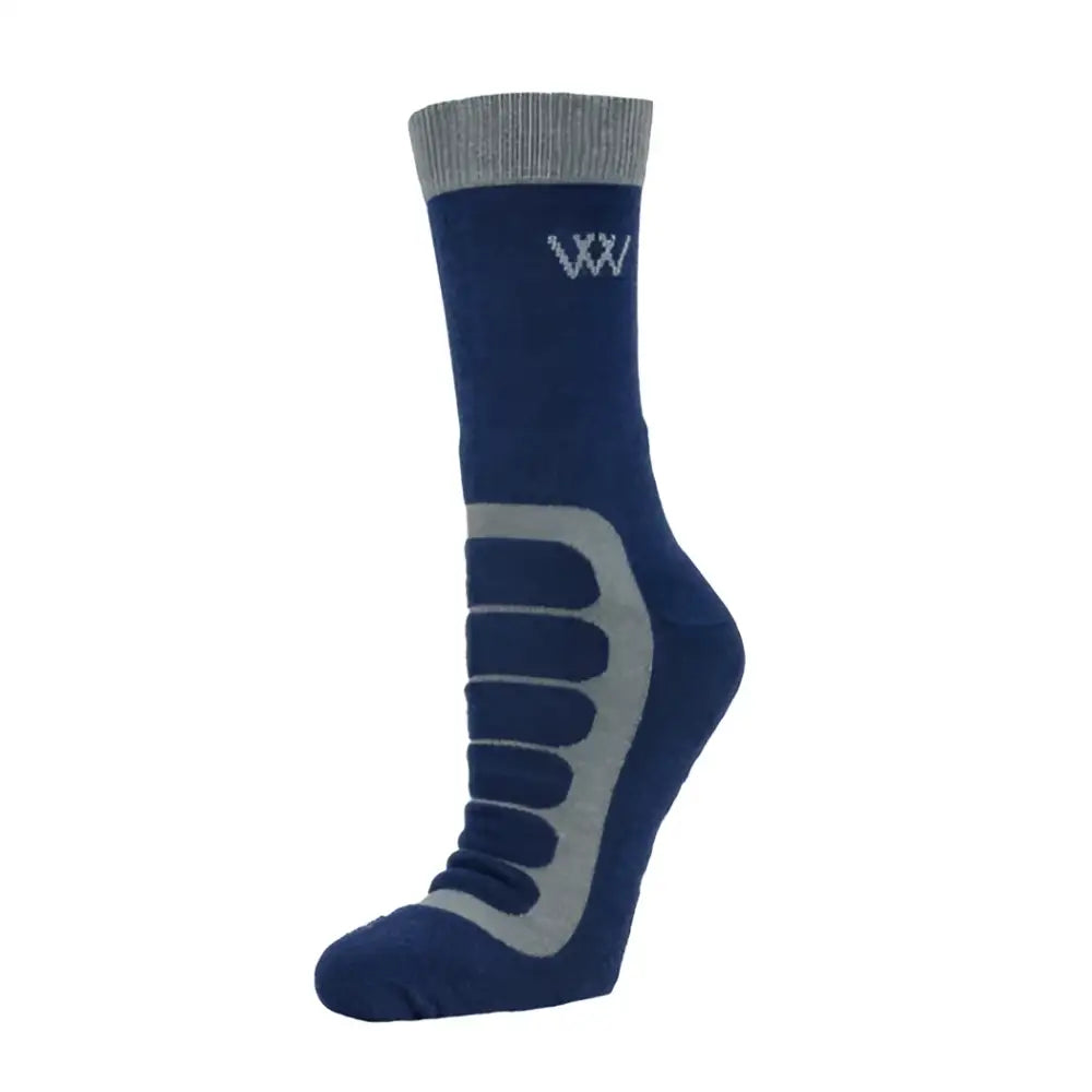 Navy blue woof wear short bamboo tech riding sock with gray reinforced panels waffle knit and ribbed cuff logo