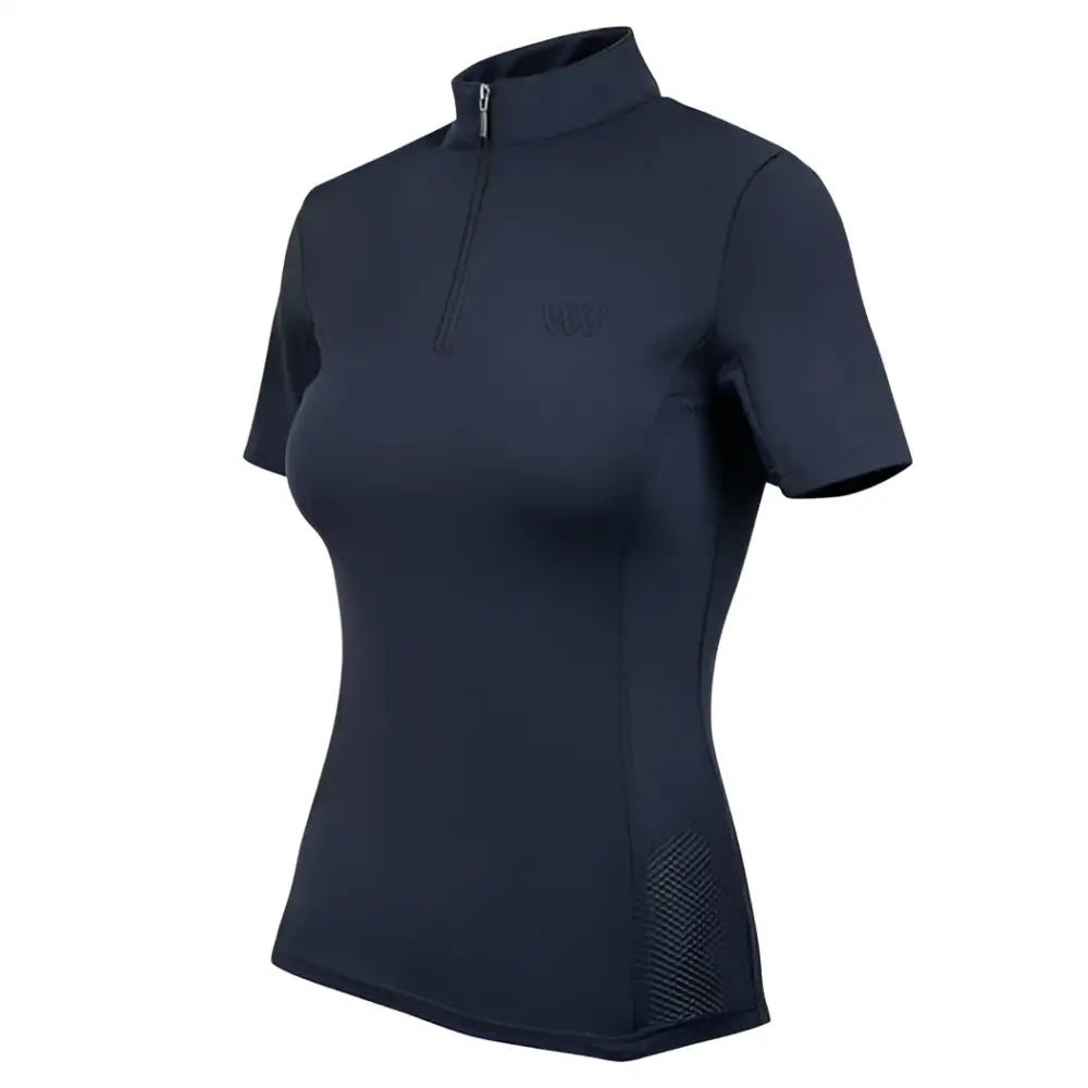 Dark navy woof wear short sleeve tech riding shirt with high collar and iflex pro fabric mesh side panels