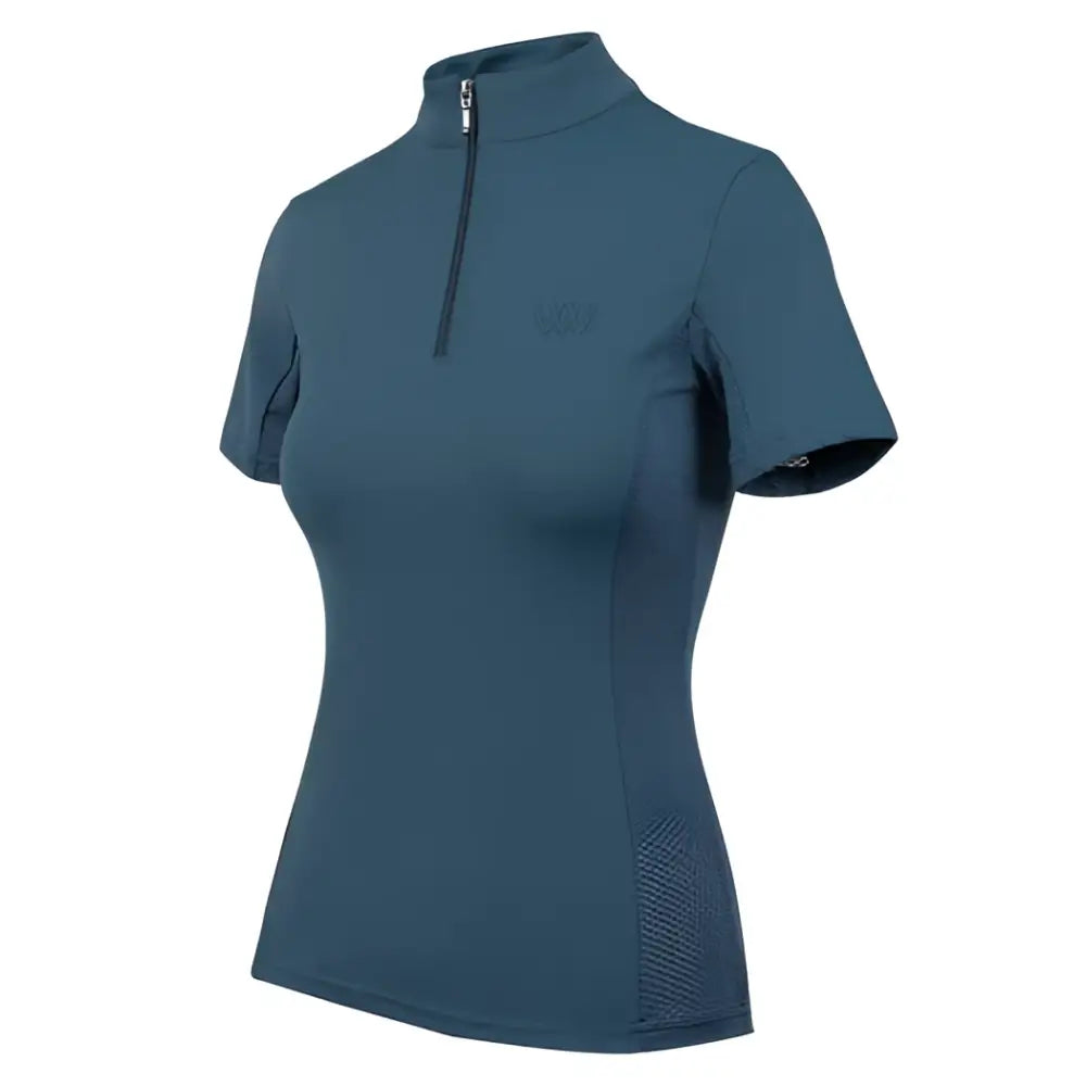 A teal woof wear short sleeve tech riding shirt with half-zip collar and mesh sides in iflex pro fabric
