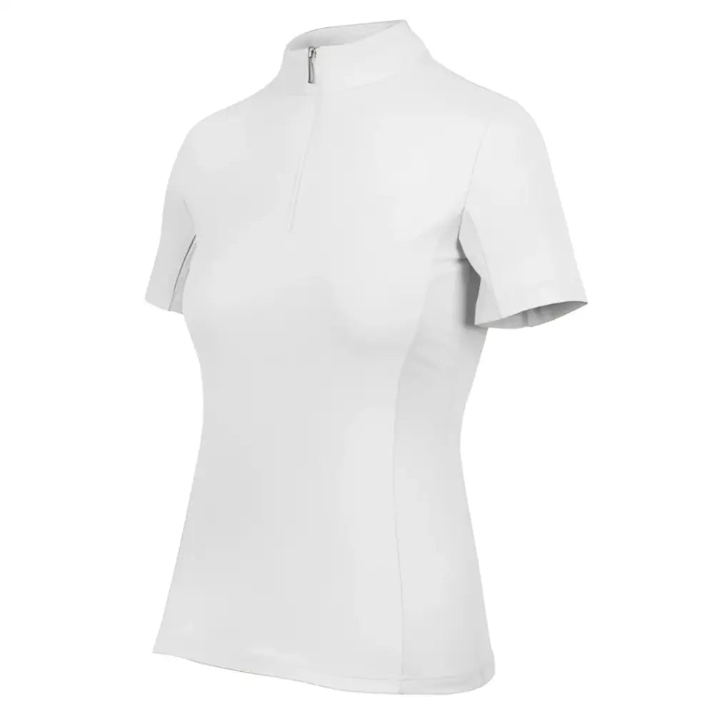 White short sleeve tech riding shirt with high collar and zipper made from iflex pro fabric by woof wear short