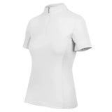 White short sleeve tech riding shirt with high collar and zipper made from iflex pro fabric by woof wear short