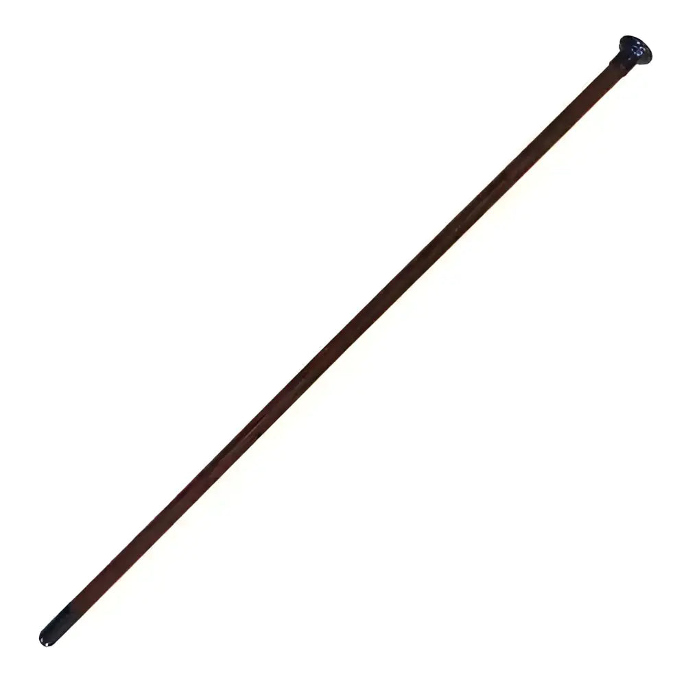 A sleek woof wear show cane with a polished dark brown wooden shaft and ornate black gunmetal mushroom cap ends