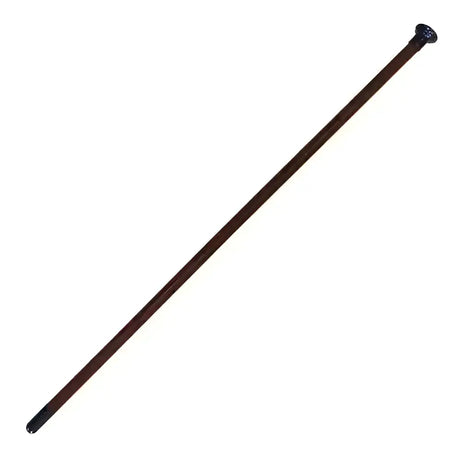 A sleek woof wear show cane with a polished dark brown wooden shaft and ornate black gunmetal mushroom cap ends