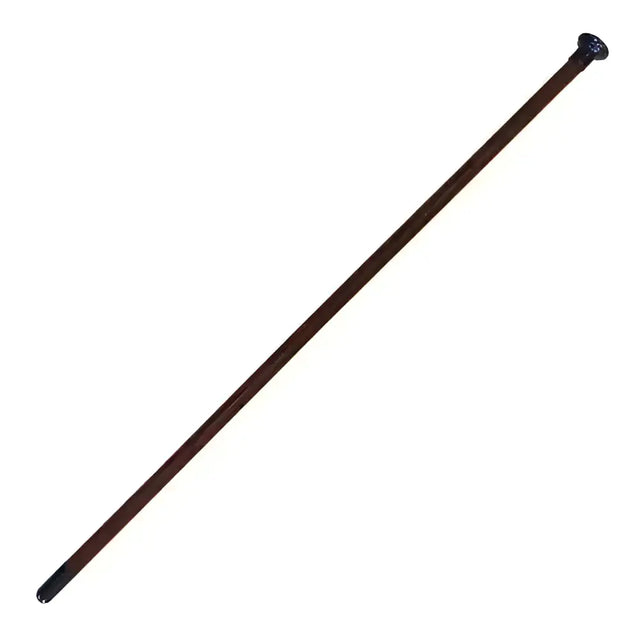 A sleek woof wear show cane with a polished dark brown wooden shaft and ornate black gunmetal mushroom cap ends