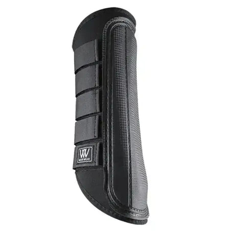Black woof wear single lock brushing boots with textured panels and branded logo patch on the back side