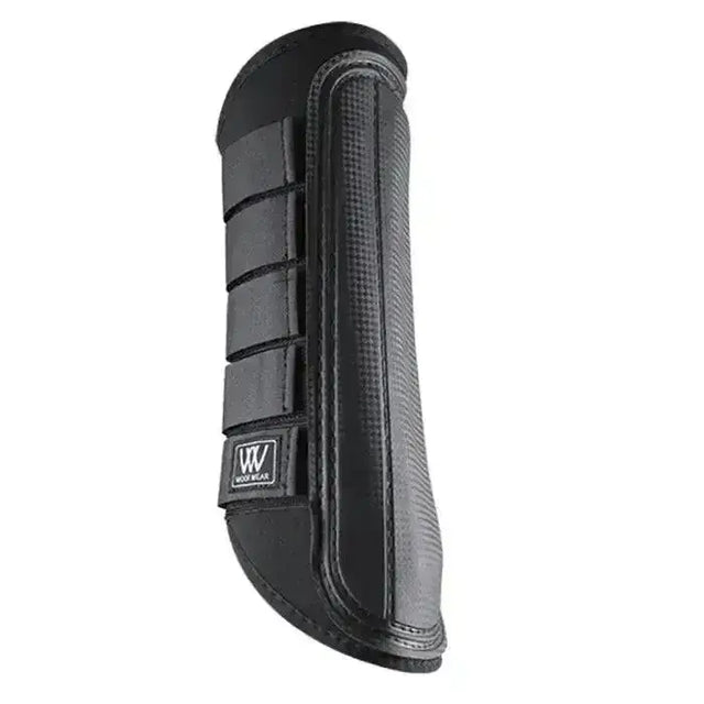 Black woof wear single lock brushing boots with textured panels and branded logo patch on the back side