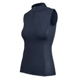 Navy blue woof wear sleeveless tech riding shirt with mesh panels half zip collar made from iflex pro fabric