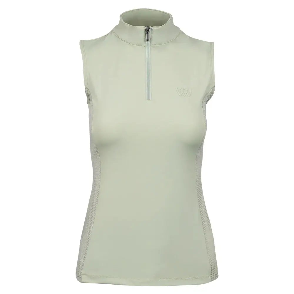 Woof wear sleeveless tech riding shirt in light sage green with quarter zip collar mesh side panels iflex pro fabric