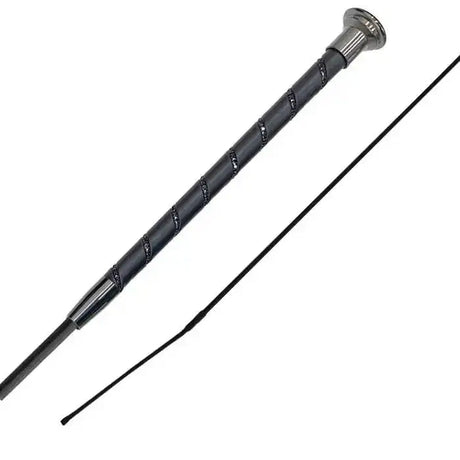 Black woof wear stealth dressage whip with silver metal tip and faux leather textured grip for riding use