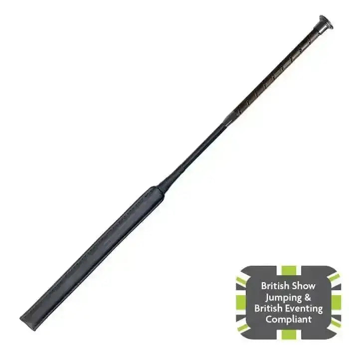 Black leather woof wear stealth jump bat with textured grip and tapered handle for riding and training