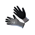 Black and gray woof wear summer yard glove with textured grip fingers and polyester liner shown from the back side