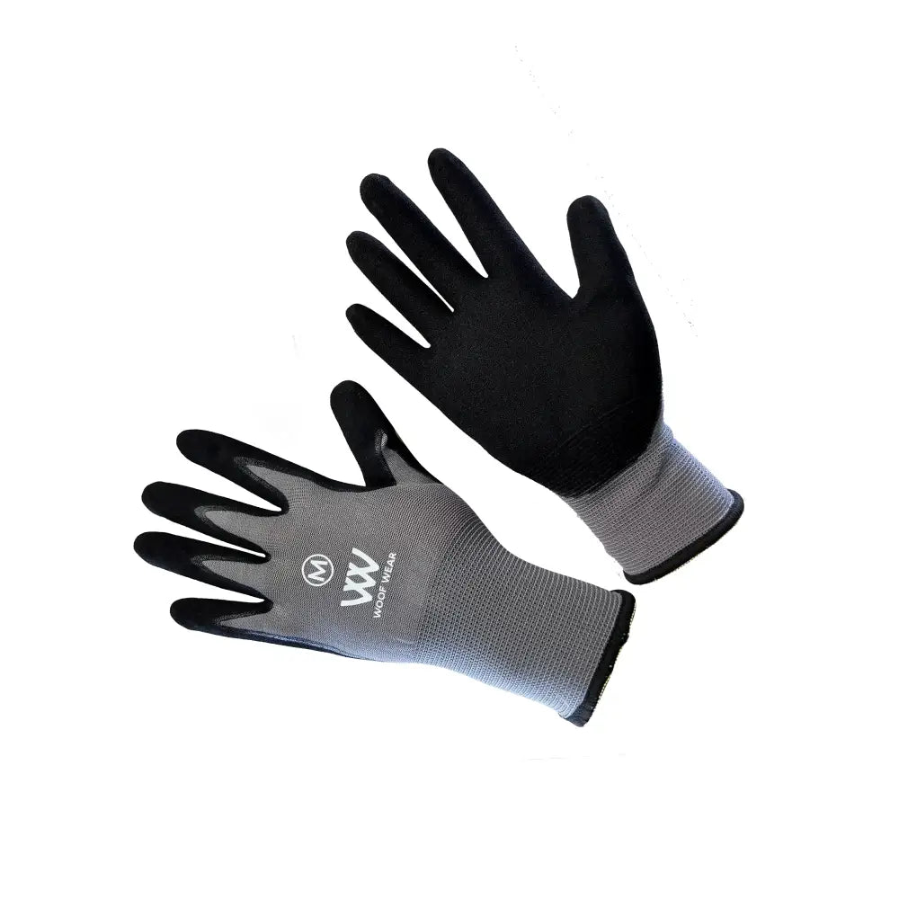 Black and gray woof wear summer yard glove with textured grip fingers and polyester liner shown from the back side