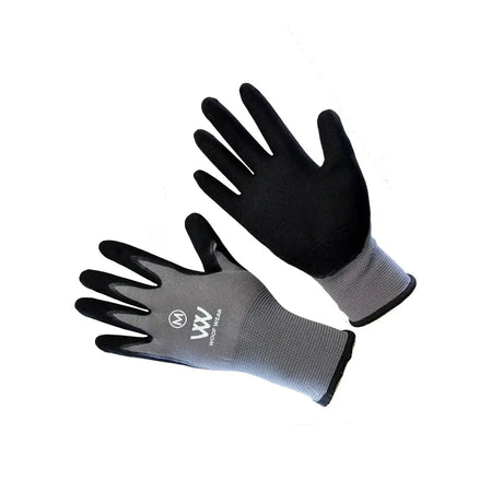 Black and gray woof wear summer yard glove with textured grip fingers and polyester liner shown from the back side