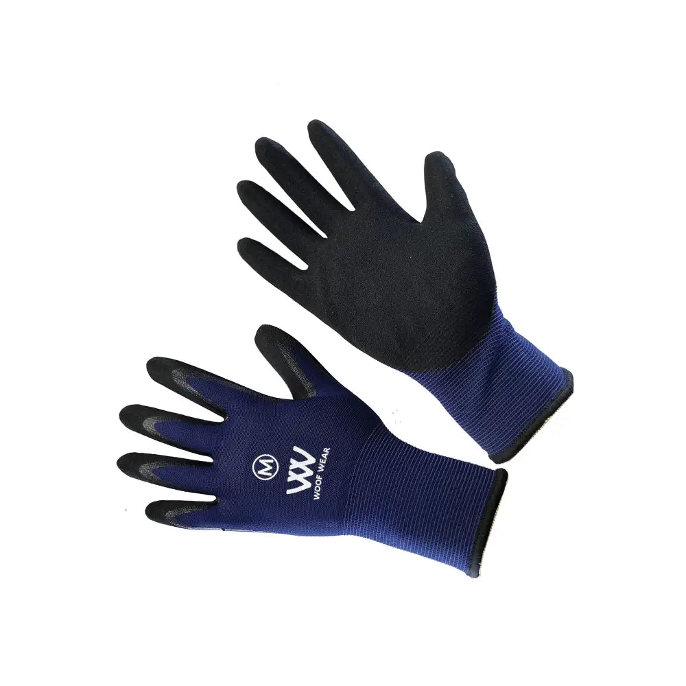 Navy blue and black woof wear summer yard glove with textured grip fingers polyester liner and ribbed wrist cuff
