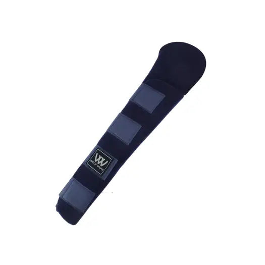 Dark blue padded horse hoof wrap with four sections and black logo patch from woof wear tail guard protects well