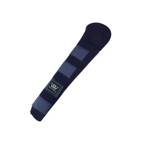 Dark blue padded horse hoof wrap with four sections and black logo patch from woof wear tail guard protects well
