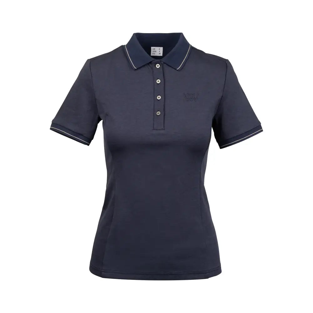 Navy blue woof wear tech polo shirt for women with white trim and high-stretch fabric for all-day comfort