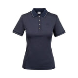 Navy blue woof wear tech polo shirt for women with white trim and high-stretch fabric for all-day comfort
