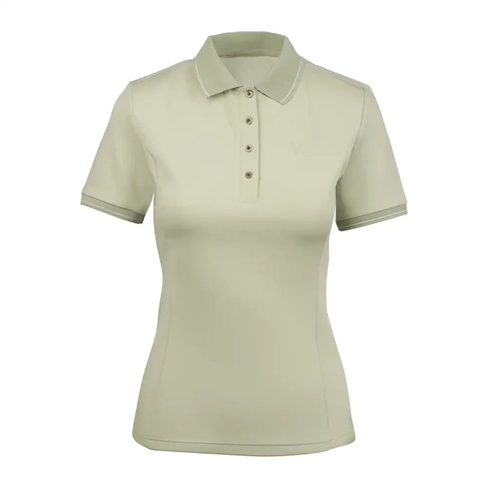 Women’s off-white woof wear tech polo shirt with classic collar, short sleeves, and high-stretch fabric trim details