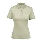 Women’s off-white woof wear tech polo shirt with classic collar, short sleeves, and high-stretch fabric trim details
