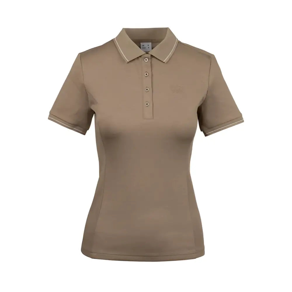 Beige woof wear tech polo shirt with collar button placket and subtle contrast stitching in high-stretch fabric