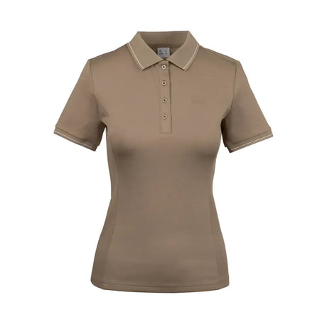Beige woof wear tech polo shirt with collar button placket and subtle contrast stitching in high-stretch fabric