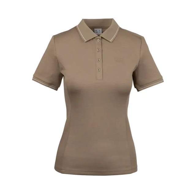 Beige woof wear tech polo shirt with collar button placket and subtle contrast stitching in high-stretch fabric
