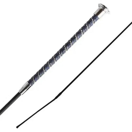 Woof wear twisted dressage whip with a silver-tipped black shaft and shimmer grip twisted dark gray textured handle