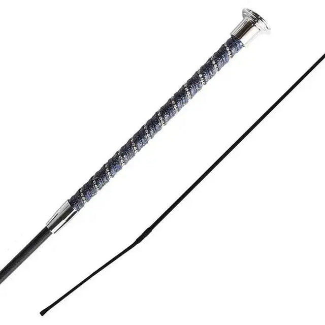 Woof wear twisted dressage whip with a silver-tipped black shaft and shimmer grip twisted dark gray textured handle