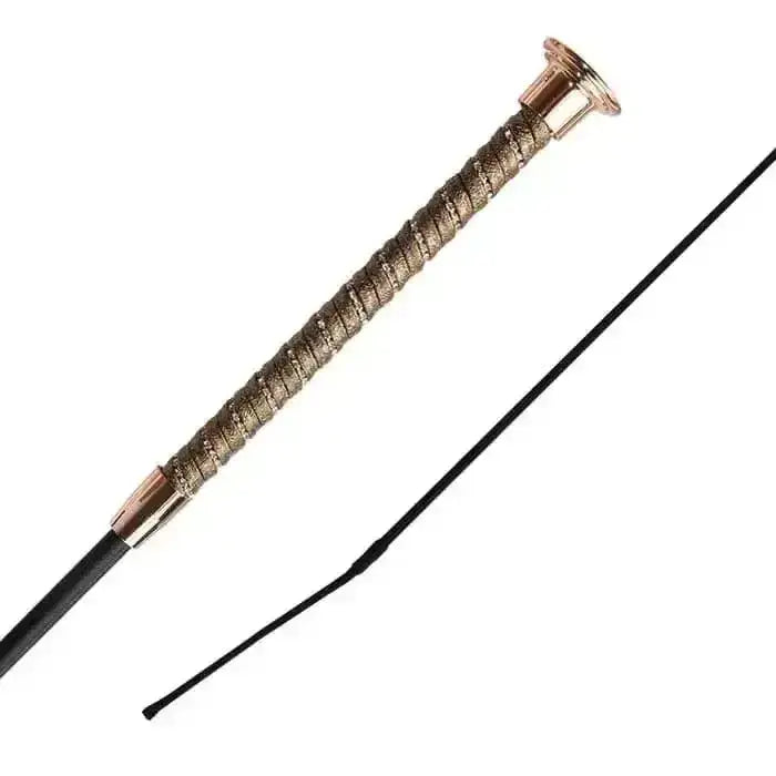 Elegant gold-toned woof wear twisted dressage whip with shimmer grip twisted braided handle and polished metal ferrules