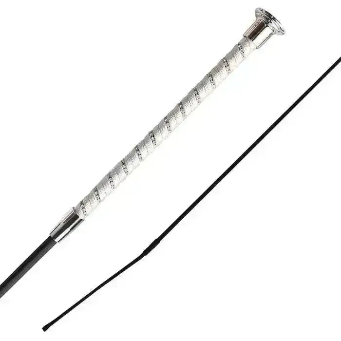 Silver-tipped woof wear twisted dressage whip with shimmer grip twisted metallic handle and black leather shaft