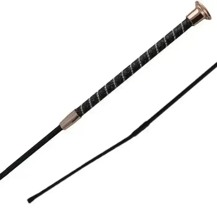 Black woof wear twisted dressage whip with shimmer grip twisted and metallic ferrules at both ends