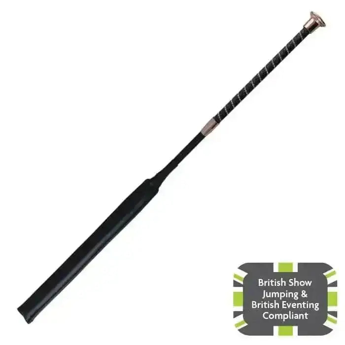 Black leather woof wear twisted jump bat riding crop with textured grip and silver shimmer faux leather tip