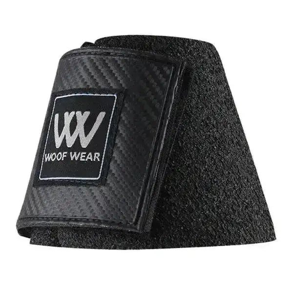 Black carbon fiber textured woof wear ultra overreach boots bell with matte black patch logo for ultimate overreach boots