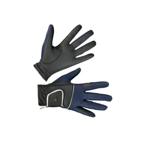 Back view of woof wear vision riding glove in blue and black with white stitching and reintex reptile grip detail
